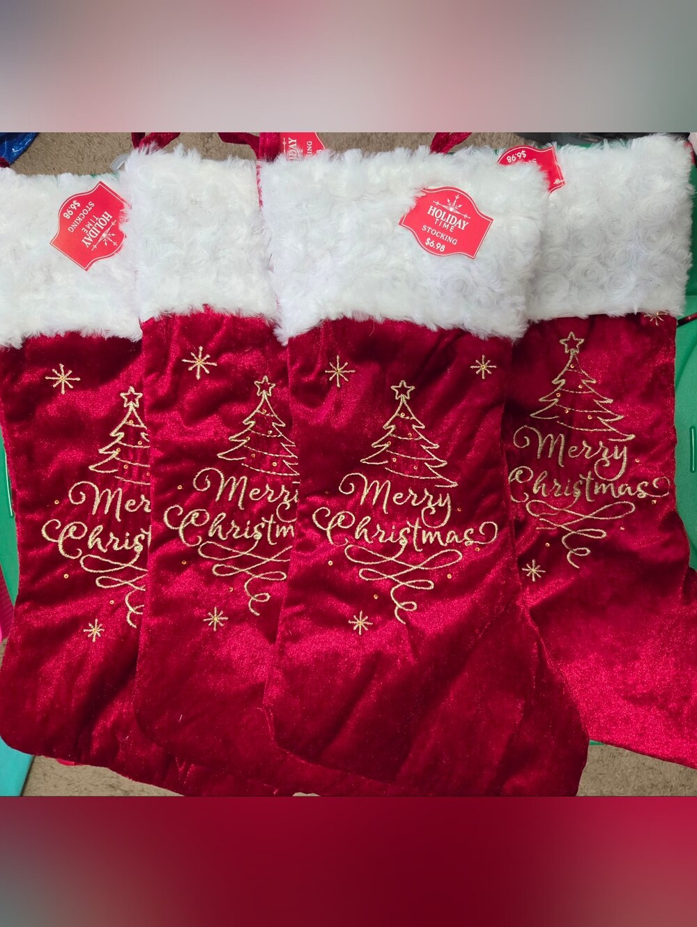Holiday Merry Christmas Red Velvet Stocking with White Faux Fur Cuff,set Of 4